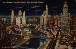 Wacker Drive and Chicago River By Night Postcard