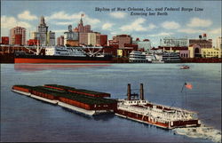 Skyline of New Orleans, La., and Federal Barge Line Entering her Berth Postcard