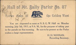 Hall of Mt. Bally Parlor No. 87 - Native Sons of the Golden West NDGW / NSGW Postcard Postcard