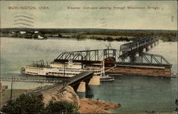 Steamer Dubuque passing through Mississippi Bridge Postcard