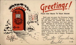 Holiday Greetings with Red Door and Snow Christmas Postcard Postcard