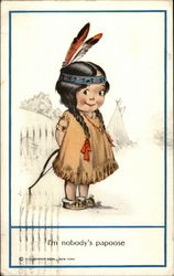 Little girl in Native American dress, complete with feathers, moccasins, and bow Postcard