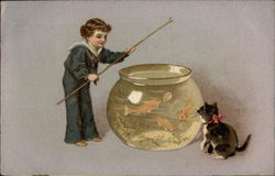 Child and cat fishing in a fish bowl Cats Postcard Postcard