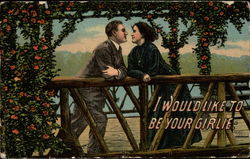 Man and woman on rose covered bridge Couples Postcard Postcard