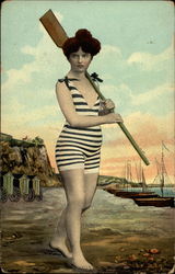 Woman in Old-Fashioned Bathing Costume Holding an Oar Women Postcard Postcard