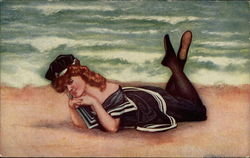 Woman in old-fashioned bathing suit poses by the sea Swimsuits & Pinup Postcard Postcard