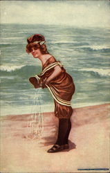 Woman in old-fashioned bathing costume wrings water out of her top dress Swimsuits & Pinup Postcard Postcard