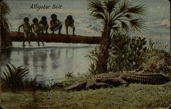 Five children fearfully watch a resting alligator Postcard