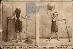 Boy holding a bat peeps through a fence and celebrates by raising his hat Postcard