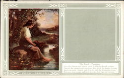 Woman sits by a brook in a romantic landscape setting Poems & Poets Postcard Postcard