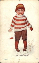 My First Skate - Little Boy in a Striped Sweater with Skates Boys Postcard Postcard