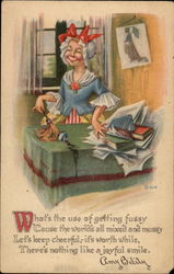 Woman dusting a desk haphazardly Comic, Funny Postcard Postcard