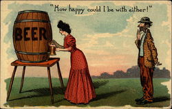 Hobo eying woman drawing beer from keg Drinking Postcard Postcard