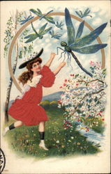 Girl frolicking with dragonfly Fantasy Postcard Postcard