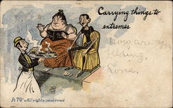 Waiting with tray serving fat woman, skinny man Drinking Postcard Postcard