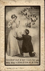 Man kneels before a woman while bar-room drinks float away in background Drinking Postcard Postcard