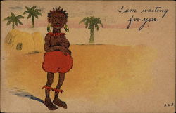 Black native woman with palm trees, cartoon Postcard