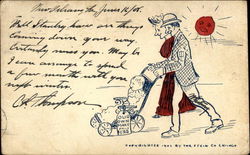 Man and woman pushing a baby stroller Postcard