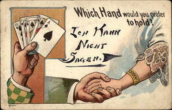 Poker hand and hand-holding cartoon Postcard