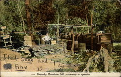 Man stands in the midst of his backwoods still Social History Postcard Postcard