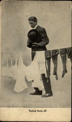 Man looking at underclothes on line Comic, Funny Postcard Postcard