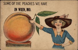 Pretty woman stands near a very large peach Exaggeration Postcard Postcard