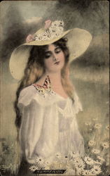 Woman in a Field Wearing a Summer Hat with a Butterfly on Her Shoulder Postcard