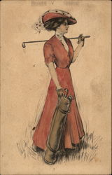 Woman with golf clubs Postcard