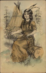 Native american maiden sitting on a log Postcard