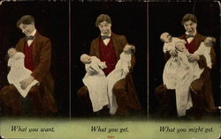 Man holds first one baby, then two, and then three Postcard