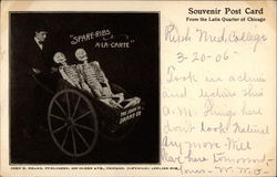 Man pushes a cart holding two skeletons Death Postcard Postcard