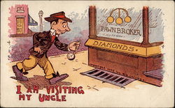 Man going into pawn shop Comic, Funny Postcard Postcard