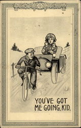 Kid on Bike, Woman in Car Postcard