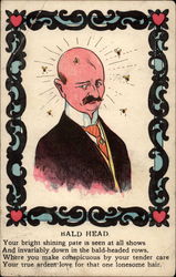 Bald-headed man in suit and tie, with flies or bees buzzing around Postcard