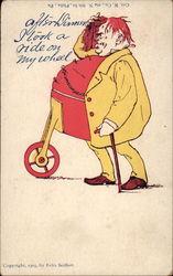 Fat man holding belly up with wheeled prop Fat People Postcard Postcard