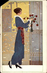 Woman with Vase of Red Carnations Art Postcard Postcard