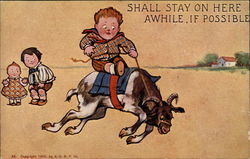 One boy rides a goat while a little girl and boy look on Children Postcard Postcard