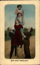 2 men holding 3 women up on ladder Postcard