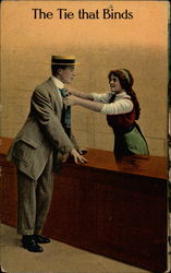 Woman adjusting man's tie Comic Postcard Postcard