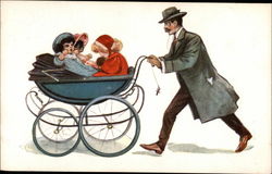 Man pushing three young girls in a pram Postcard Postcard