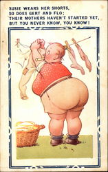 Chubby lady wearing shorts hangs washing on a backyard line Fat People Postcard Postcard