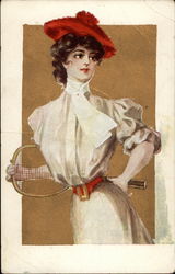 Old Fashioned Girl in a Red Hat Holding a Tennis Racket Postcard