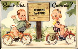 Boy and girl riding bikes Postcard