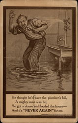 Man holds a wrench while a pipe spews water into a flooded room Postcard