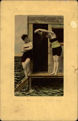 Two ladies in old-fashioned bathing suits post by the sea Swimsuits & Pinup Postcard Postcard