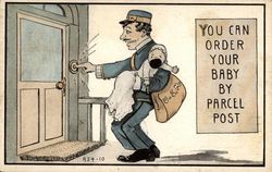 Mailman holds a baby while he rings a doorbell Postal Postcard Postcard