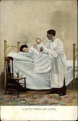 Newborn held by man, woman in bed Babies Postcard Postcard