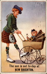 Man in kilt pushes a baby carriage with costumed baby Postcard Postcard