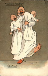 Man in nightshirt holds two crying babies and also steps on a tack Postcard Postcard