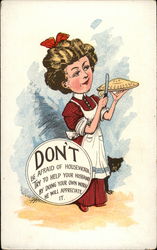 Woman wearing an apron holds a pie and a knife, while a black cat sits at her side Social History Postcard Postcard